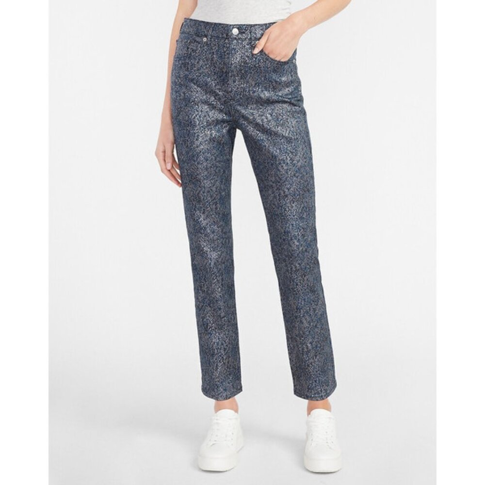 Express Super High Waisted Metallic Dark Wash Slim Jeans 6